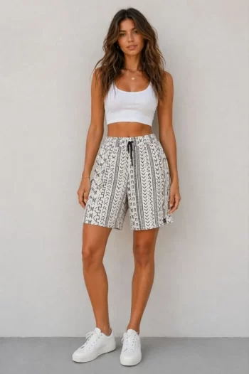 Etnik Desenli Dokuma Şort Yüksek Bel Lastikli Bağcıklı Cepli Rahat Kesim Yazlık - Gri
