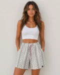 Dokuma Şort Etnik Desenli Lastikli Bağcıklı Bel Cepli Yazlık Rahat – Bej