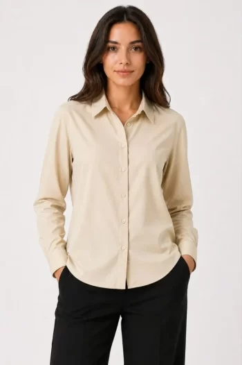 Uzun Kol Gömlek Düğmeli Klasik Yaka Günlük Ve Ofis Şıklığına Uygun - Bej