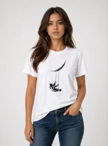Astronot Ay Temalı Tişört Kısa Kol Yazlık Bisiklet Yaka T-Shirt - Beyaz