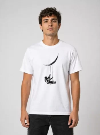 Erkek Astronot Ay Temalı Tişört Kısa Kol Yazlık Bisiklet Yaka T-Shirt - Beyaz