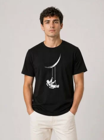 Erkek Astronot Ay Temalı Tişört Kısa Kol Yazlık Bisiklet Yaka T-Shirt - Siyah