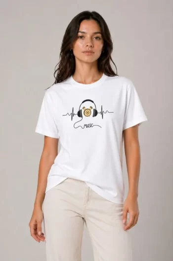 Müzik Temalı Baskılı Tişört Bisiklet Yaka Kısa Kol T-Shirt - Beyaz