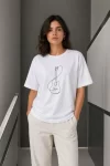 Minimal Gitar Baskılı Tişört T-Shirt Yazlık Kısa Kol Bisiklet Yaka T-Shirt – Beyaz