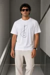 Erkek Minimal Gitar Baskılı Tişört T-Shirt Yazlık Kısa Kol Bisiklet Yaka T-Shirt – Beyaz