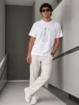 Erkek Minimal Gitar Baskılı Tişört T-Shirt Yazlık Kısa Kol Bisiklet Yaka T-Shirt – Beyaz