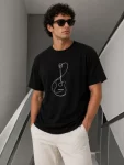 Erkek Minimal Gitar Baskılı Tişört T-Shirt Yazlık Kısa Kol Bisiklet Yaka T-Shirt – Siyah