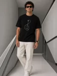Erkek Minimal Gitar Baskılı Tişört T-Shirt Yazlık Kısa Kol Bisiklet Yaka T-Shirt – Siyah