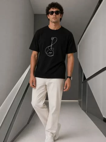 Erkek Minimal Gitar Baskılı Tişört T-Shirt Yazlık Kısa Kol Bisiklet Yaka T-Shirt - Siyah