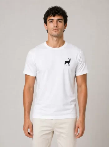 Erkek Minimal Geyik Logolu Tişört Bisiklet Yaka Kısa Kol Yazlık T-Shirt - Beyaz