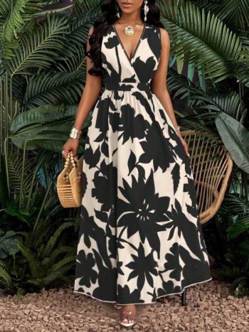 Kadın Askılı Kruvaze Yakalı çiçek Desenli Uzun Süprem Elbise