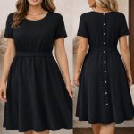 Kadın Kısa Kollu Yuvarlak Yaka Arkadan Düğmeli Viskon Midi Elbise
