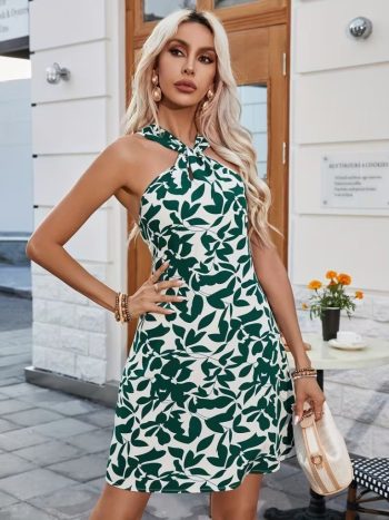 Kadın Boyundan çapraz Askı Damla Detaylı Omuzlardan Açık Desenli Kısa Süprem Elbise