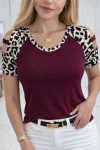 Kadın Kısa Kollu Yuvarlak Yaka Kollarda şerit Detaylı Leoparlı Viskon Bluz