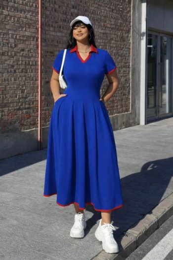 Kadın Kısa Kollu V Yakalı Pileli Uzun Janjan Krep Elbise