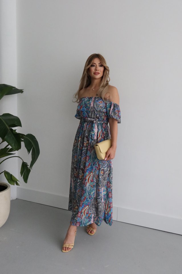 Kadın Kısa Kollu Madonna Yaka Fırfırlı Belden Yırtmaçlı Maksi Süprem Elbise Kadın Kısa Kollu Madonna Yaka Fırfırlı Belden Yırtmaçlı Maksi Süprem Elbise