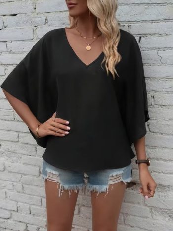 Kadın Kısa Kollu V Yakalı Salaş Viskon Bluz