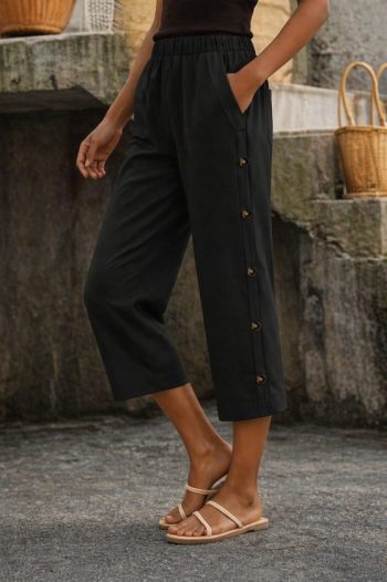 Kadın Yüksel Bel Lastikli Yandan Dügme Detaylı Midi Pantolon