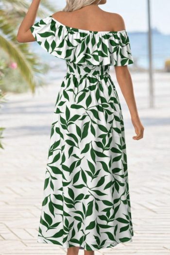 Kadın Madonna Yaka Göğüs Lastikli Yırtmaçlı Uzun Desenli Süprem Elbise