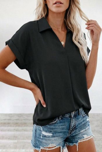 Kadın Kısa Kollu Yakalı Dokuma Viskon Bluz