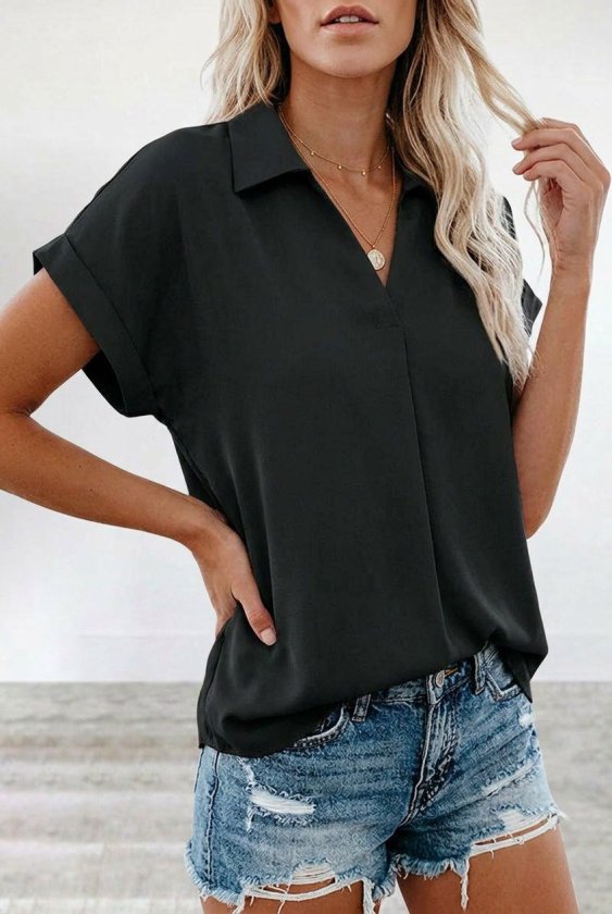 Kadın Kısa Kollu Yakalı Dokuma Viskon Bluz Kadın Kısa Kollu Yakalı Dokuma Viskon Bluz