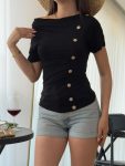 Kadın Kısa Kollu Degaje Yaka Düğme Detay Viskon Bluz