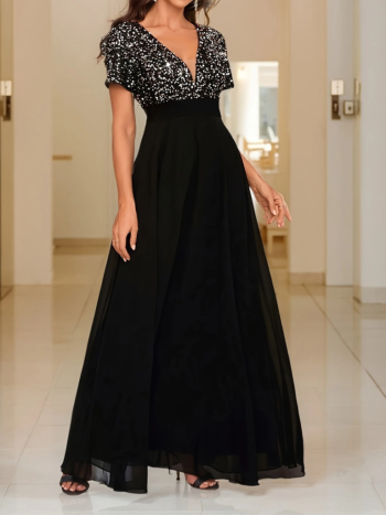 Kadın Kısa Kollu Derin V Yakalı A Kesim Pulpayet Detaylı şifon Nedime Elbisesi