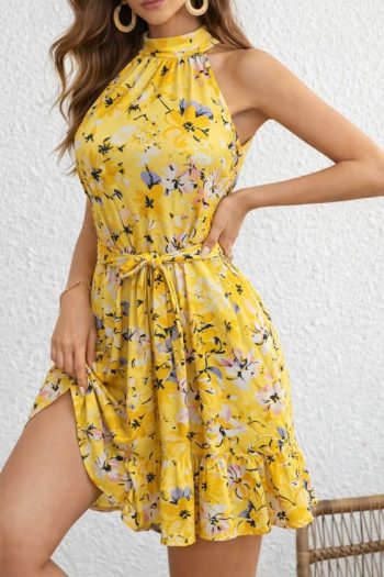 Kadın Omuzlardan Açık Balıkçı Yakalı Kuşaklı Desenli Kısa Süprem Elbise