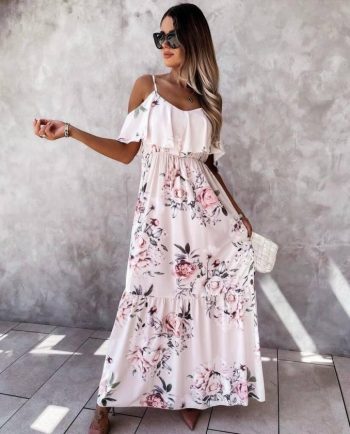 Kadın Gül Desenli Maxi Boy Mikro Kumaş Elbise