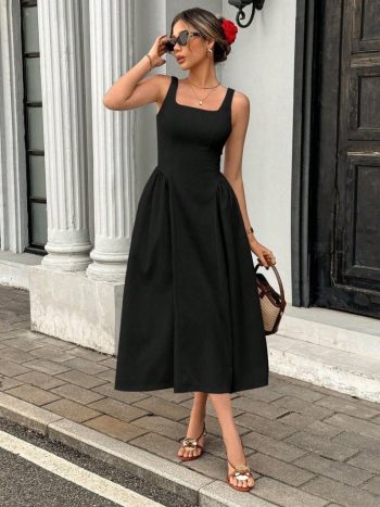 Kadın Askılı Kare Yakalı Uzun Ithal Krep Elbise