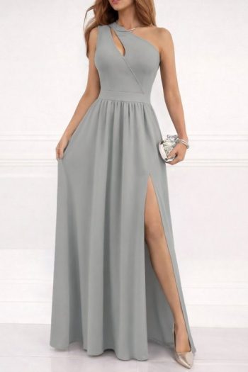 Kadın Omuzlardan Açık Asimetrik Yaka Detaylı Yırtmaçlı Maksi Boy Janjan Krep Elbise