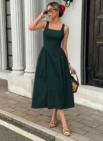 Kadın Askılı Kare Yakalı Uzun Ithal Krep Elbise