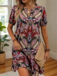 Kadın Kısa Kollu V Yakalı Desenli Kısa Süprem Elbise
