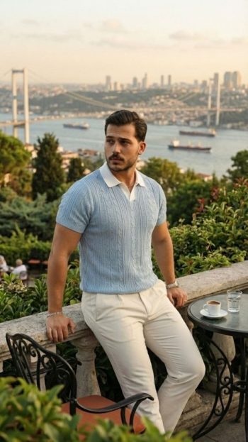 Erkek Desenli Kısa Kollu Triko Tişört - %100 Pamuk Akrilik