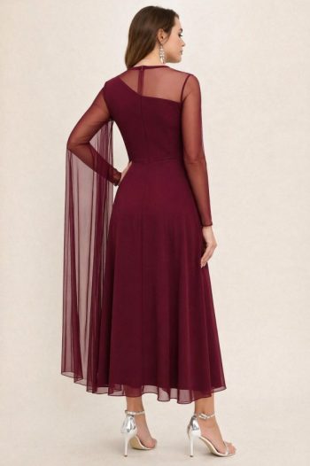 Kadın Uzun Kollu Yarı Balıkçı Yaka Tül Detaylı Uzun Sandy Elbise