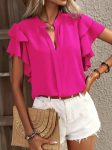 Kadın Kısa Kollu V Hakim Yaka Kolları Fırfırlı Dubai Bluz