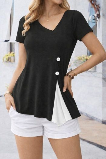 Kadın Kısa Kollu Asimetrik V Yakalı Düğme Detaylı Viskon Bluz