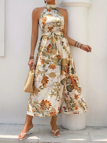 Kadın Omuzlardan Açık Halter Yakalı Yırtmaçlı çiçek Desenli Süprem Elbise