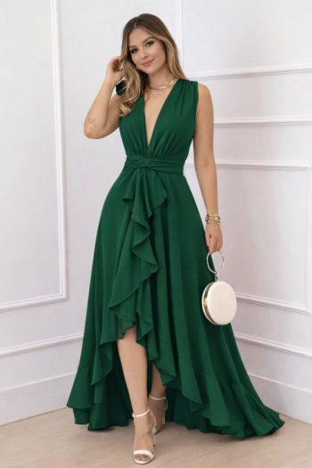 Kadın Askılı Kruvaze Yakalı önü Volanlı Uzun Krep Elbise