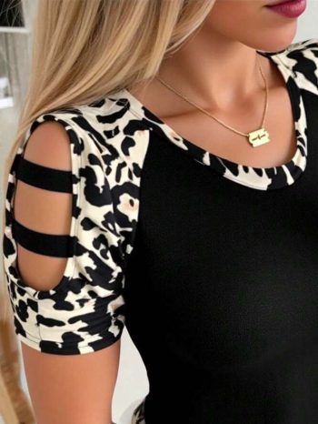 Kadın Kısa Kollu Yuvarlak Yaka Kollarda şerit Detaylı Leoparlı Viskon Bluz