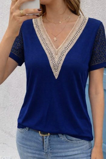 Kadın Kısa Kollu V Yakalı Dantel Detaylı Viskon Bluz