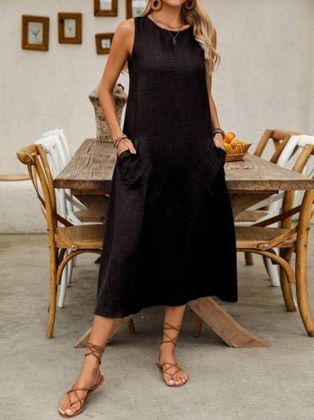 Kadın Askılı Yuvarlak Yakalı Kıloş Cepli Uzun Elbise