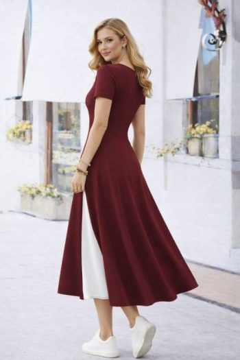 Kadın Kısa Kollu Asimetrik Yakalı Düğme Detaylı Midi Viskon Elbise