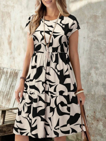 Kadın Kısa Kollu Bisiklet Yaka Desenli Fırfırlı Süprem Elbise