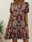 Kadın Kısa Kollu V Yakalı Desenli Kısa Süprem Elbise