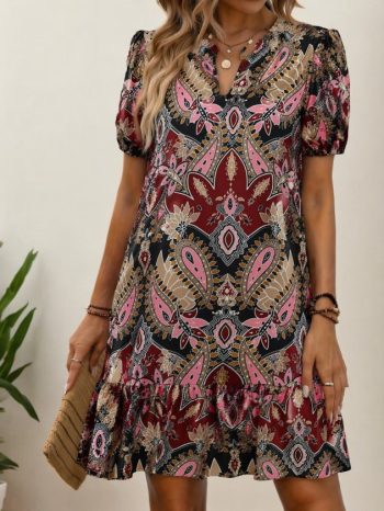 Kadın Kısa Kollu V Yakalı Desenli Kısa Süprem Elbise