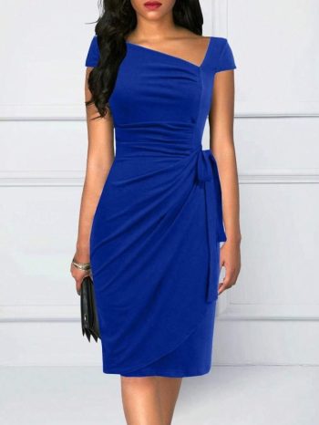 Kadın Kısa Kollu V Asimetrik Yaka Kesimli Yandan Bağlamalı Mini Janjan Krep Elbise