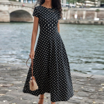 Kadın Kısa Kollu Bisiklet Yaka Puantiyeli Maksi örme Krep Elbise