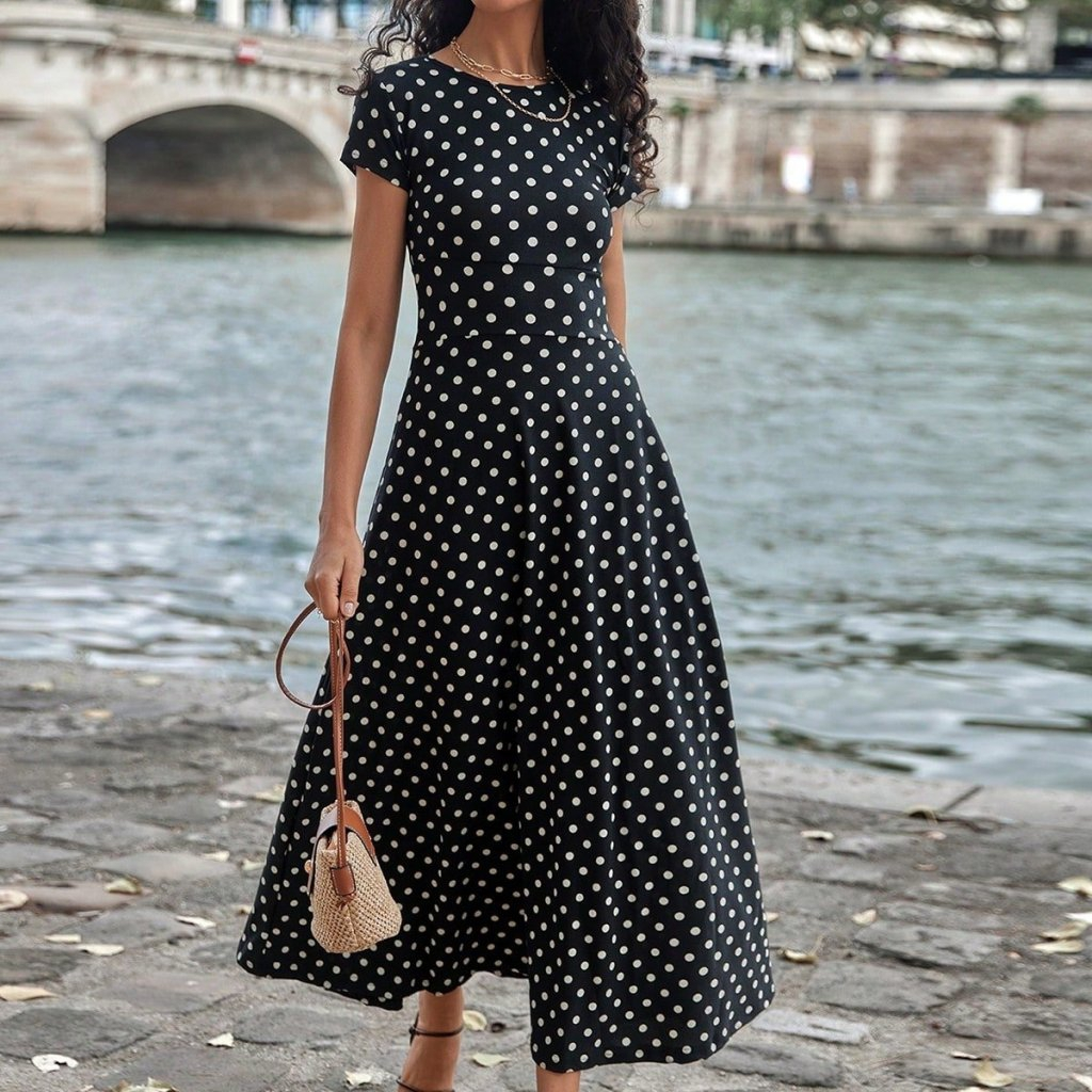 Kadın Kısa Kollu Bisiklet Yaka Puantiyeli Maksi örme Krep Elbise Kadın Kısa Kollu Bisiklet Yaka Puantiyeli Maksi örme Krep Elbise