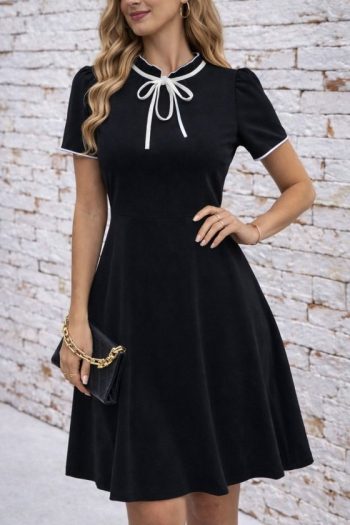 Kadın Kısa Kollu Yakadan Bağcıklı Ve Fırfırlı Midi Janjan Krep Elbise